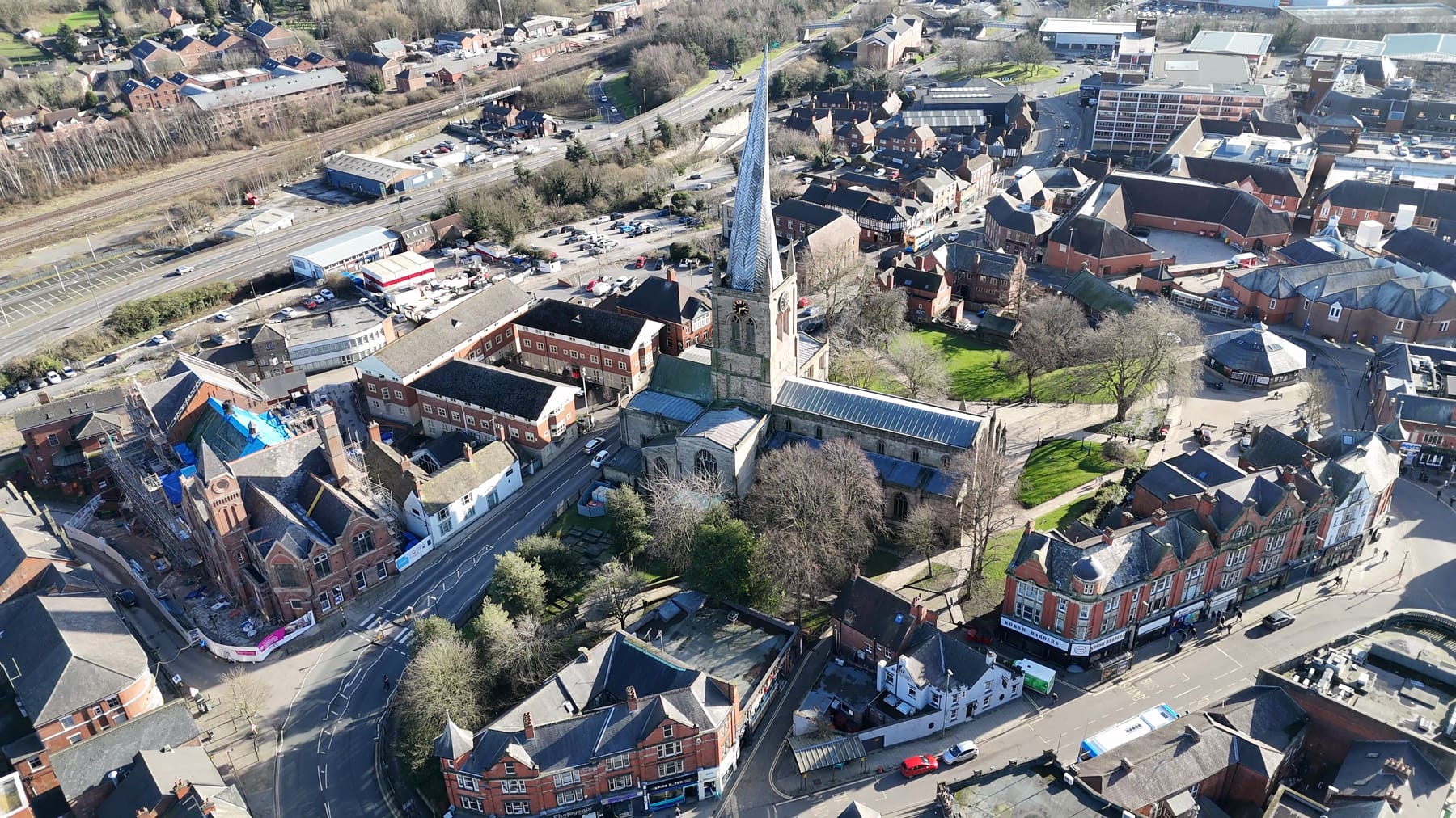 Chesterfield and the railway line from the air